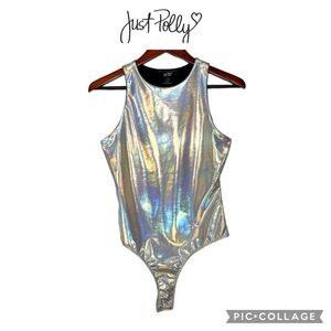 Just Polly women metallic silver Faux Leather Racer Front Bodysuit size L NWT